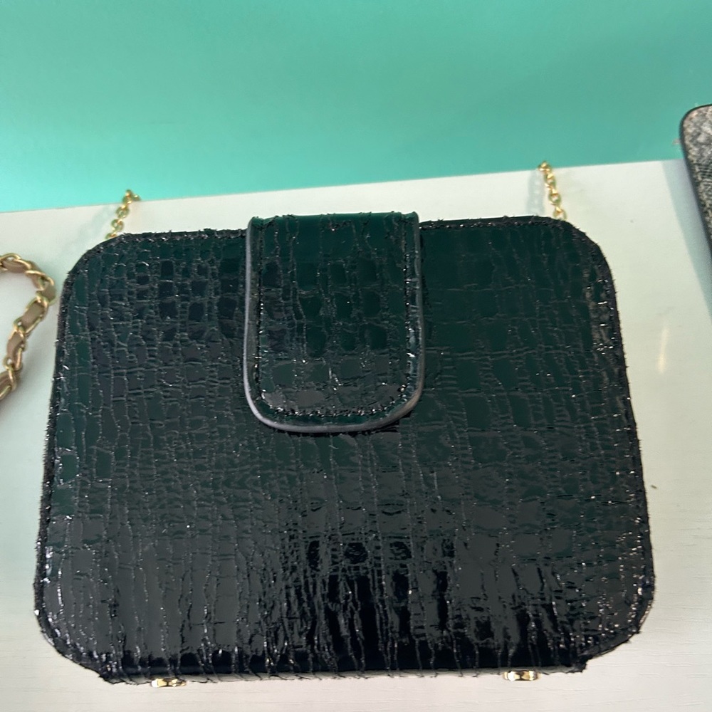 Ladies small black dressy handbag with gold chain